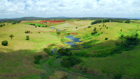 tranquil scenery with green fields and pond in atherton tablelands, queensland, australia - aerial drone shot