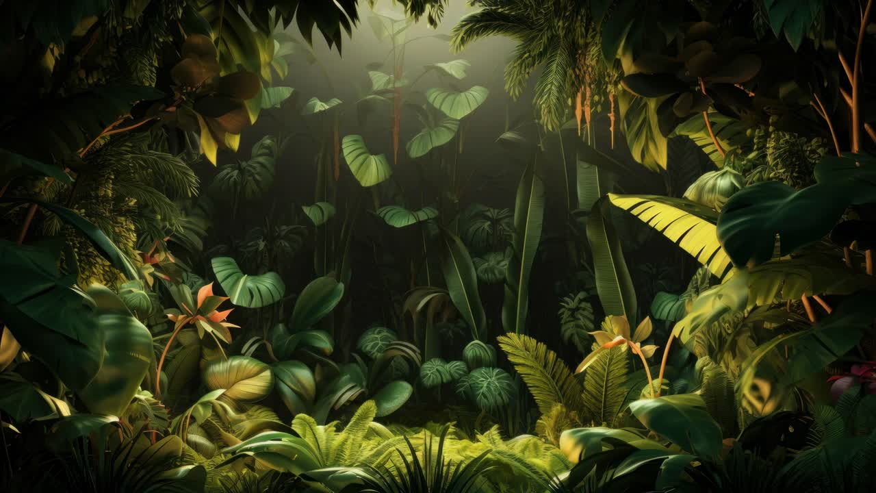 Lush jungle scene with vibrant green foliage, captured from a low-angle