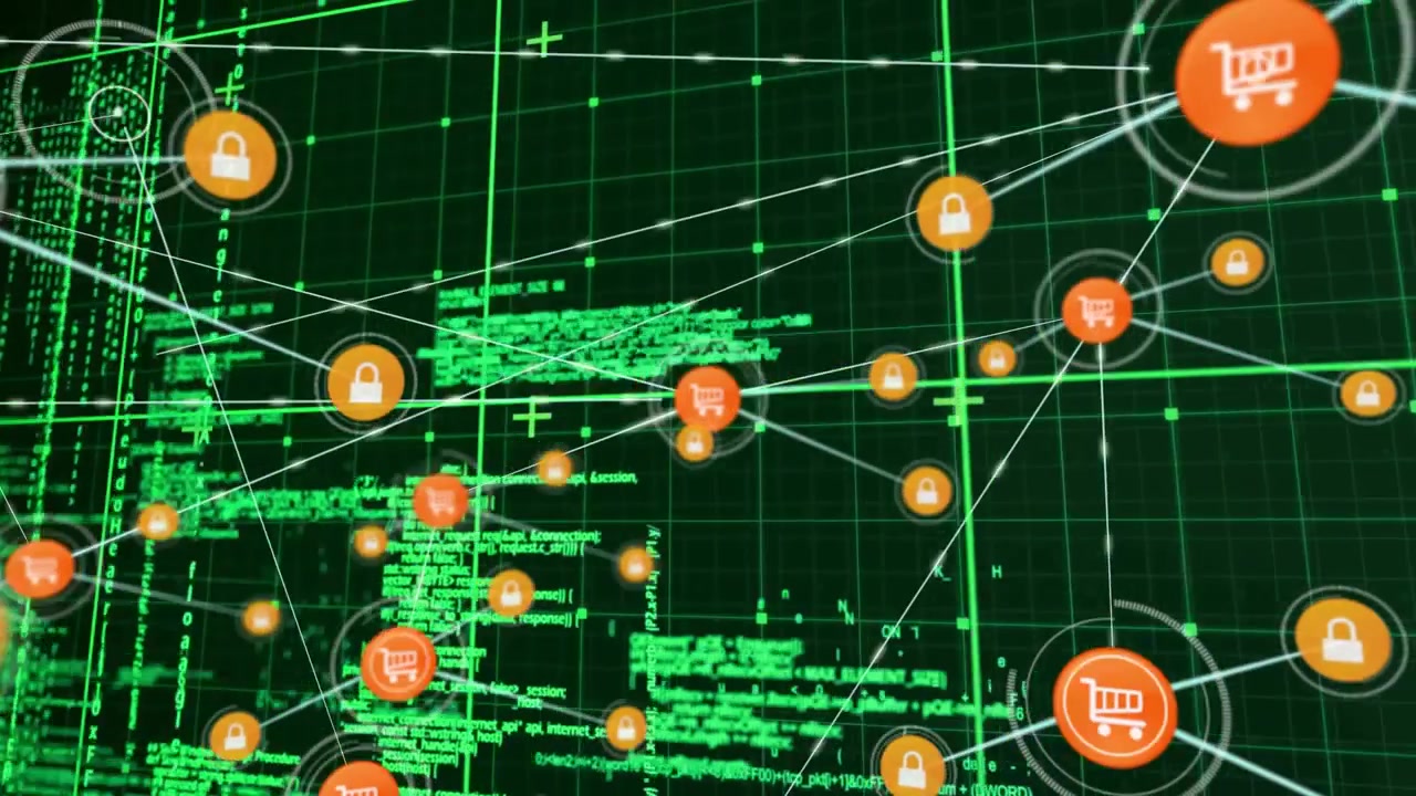 Punto arancione che si trasforma in un nodo del carrello della spesa, generando nodi a forma di lucchetto e mappando la sicurezza dell'e-commerce