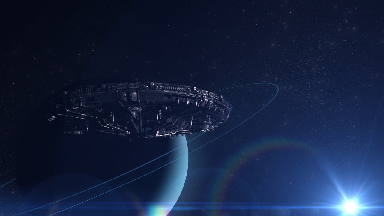 Futuristic Spaceship Orbiting a Ringed Planet