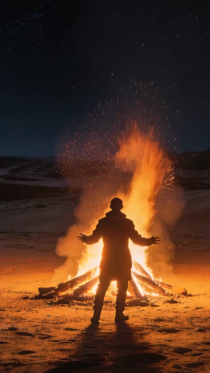 Video vertical: Llamas ardiendo, hombre encapuchado levantando los brazos junto a una hoguera en las dunas, calentándose el abrigo y las botas.