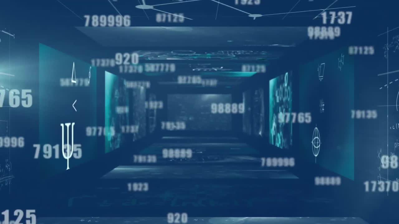 Animation of financial data processing over dark background