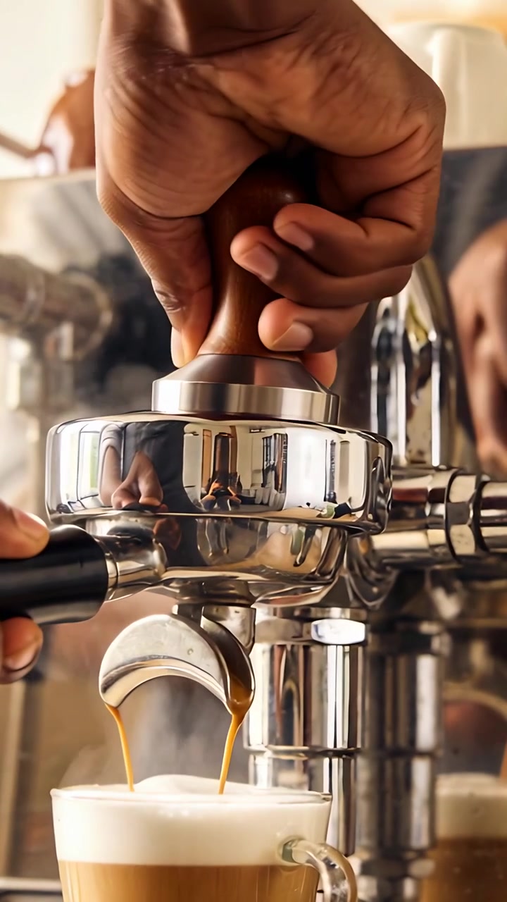 Video verticale: Barista che pressa il caffè con il pressino, estraendo l'espresso attraverso il portafiltro e versandolo nel latte al bancone.