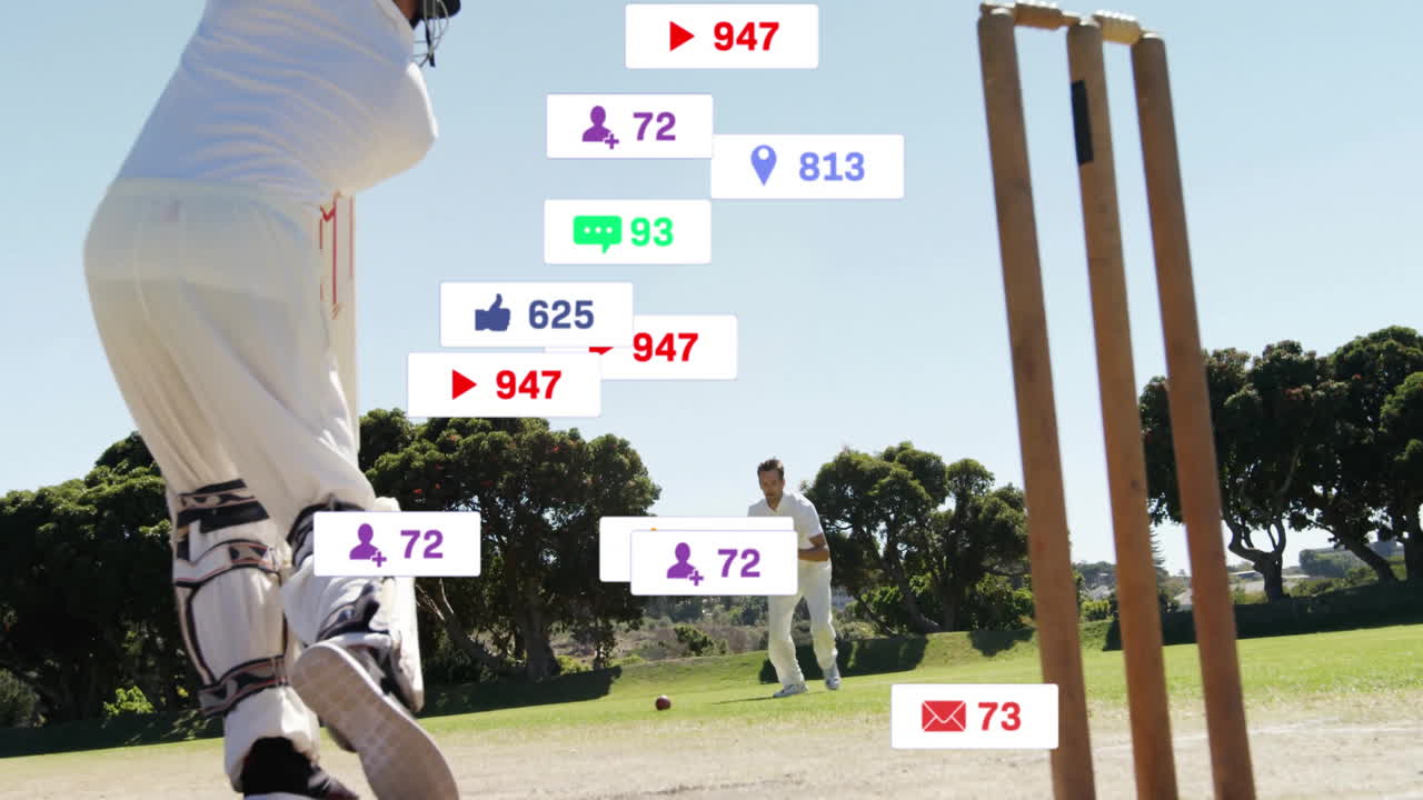 Cricket players on field with social media notifications overlay animation