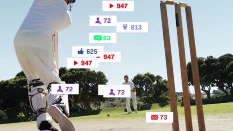 cricket players on field with social media notifications overlay animation