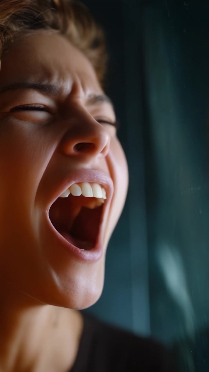 Eine kraftvolle Nahaufnahme einer Frau, die tiefe Emotionen durch einen leidenschaftlichen Schrei ausdrückt und Intensität sowie rohe Gefühle in einem eindrucksvollen visuellen Moment einfängt.