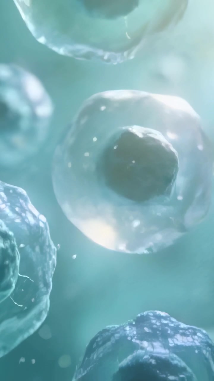 Video verticale: La telecamera si sposta e ruota, mostrando una cellula chiara che si muove a sinistra in un fluido a causa del flusso, con nucleo.