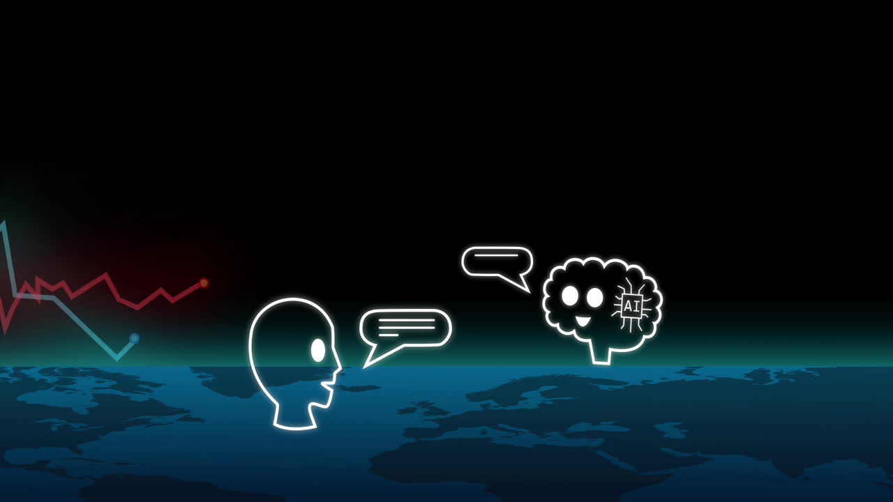 Animation of human and brain icons exchanging messages on school data chart map