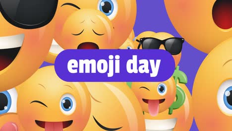 Animation-of-emoji-day-and-emoticons-floating-over-violet-background