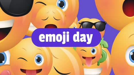 animation of emoji day and emoticons floating over violet background