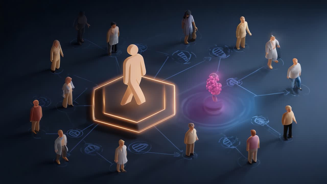 A Dynamic Representation of Interconnected Individuals in a Digital Ecosystem, Highlighting Relationships and Engagement within a Central Hub of Activity