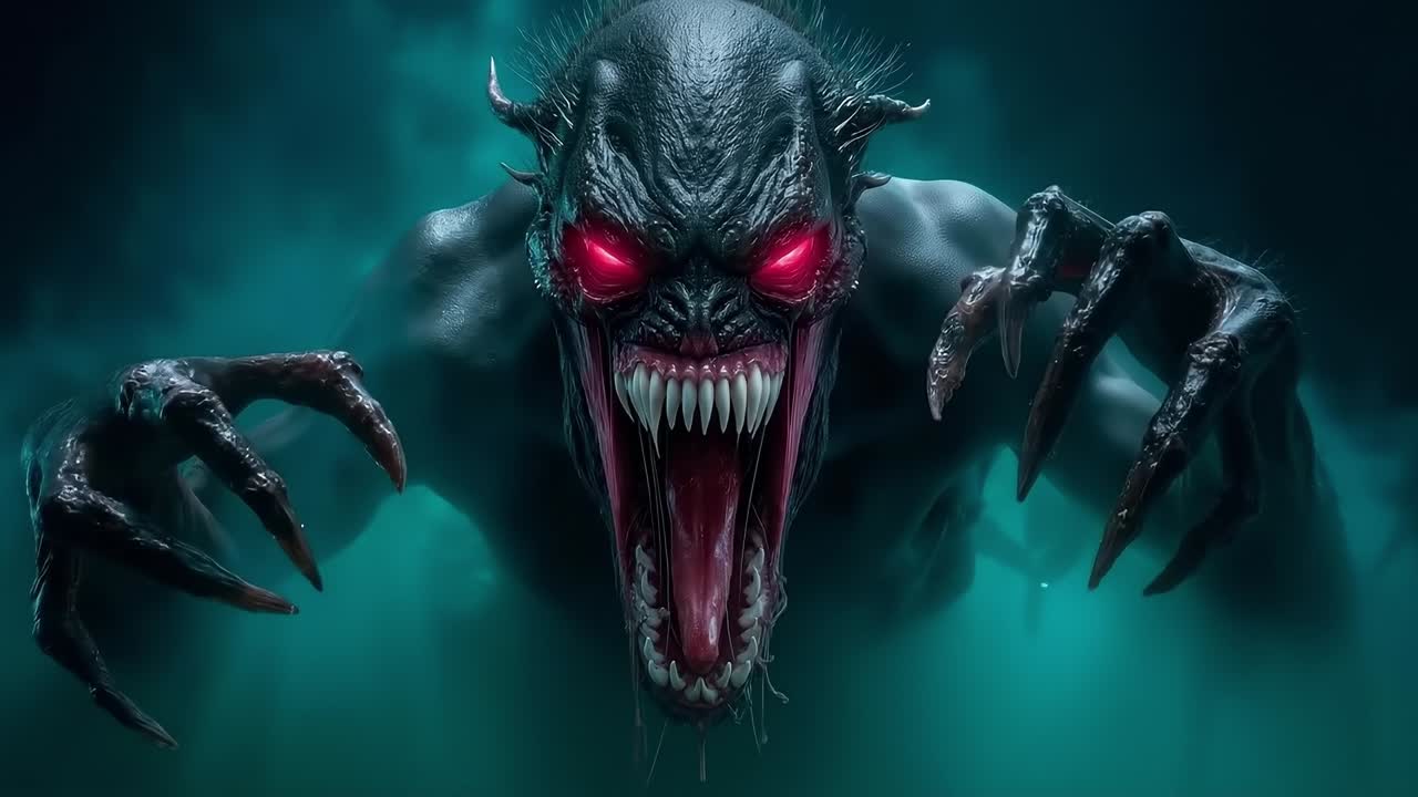 A demonic creature with red eyes and fangs in the dark