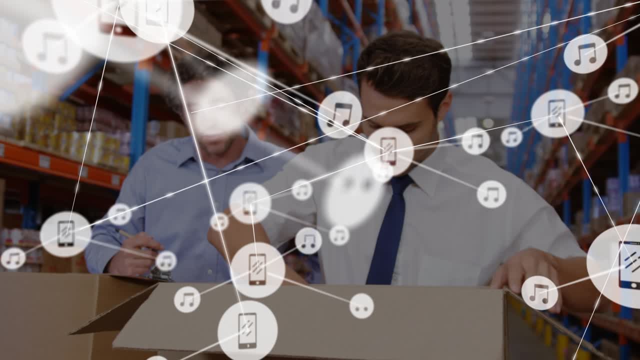 Animazione di una rete di connessioni su diversi lavoratori in un magazzino
