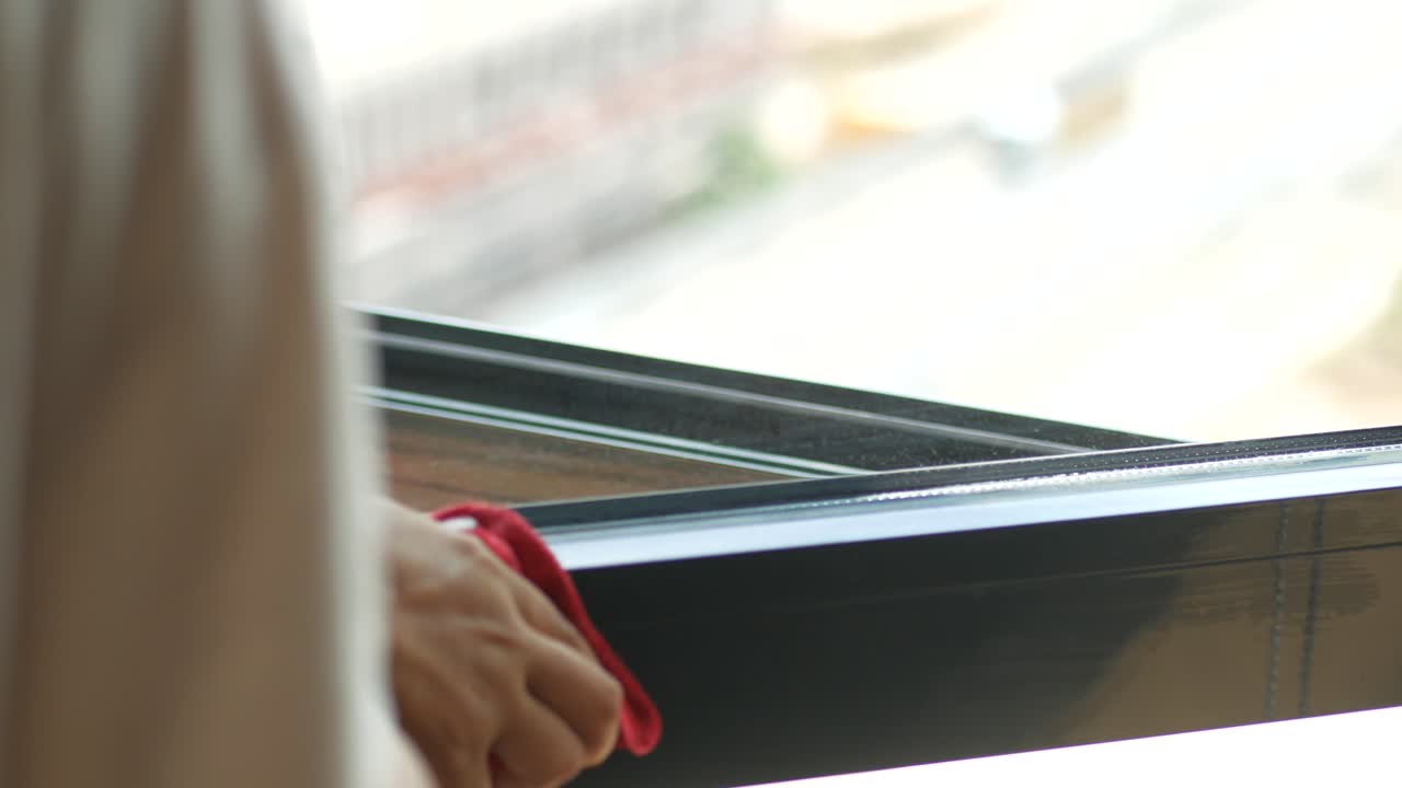 mujer limpiando una ventana con un paño rojo
