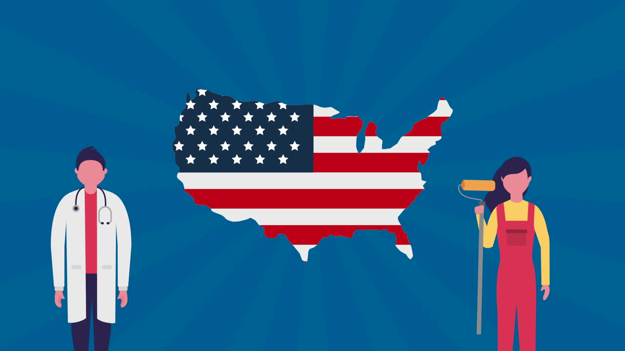 미국 노동자의 날 축하와 함께 노동자 캐릭터