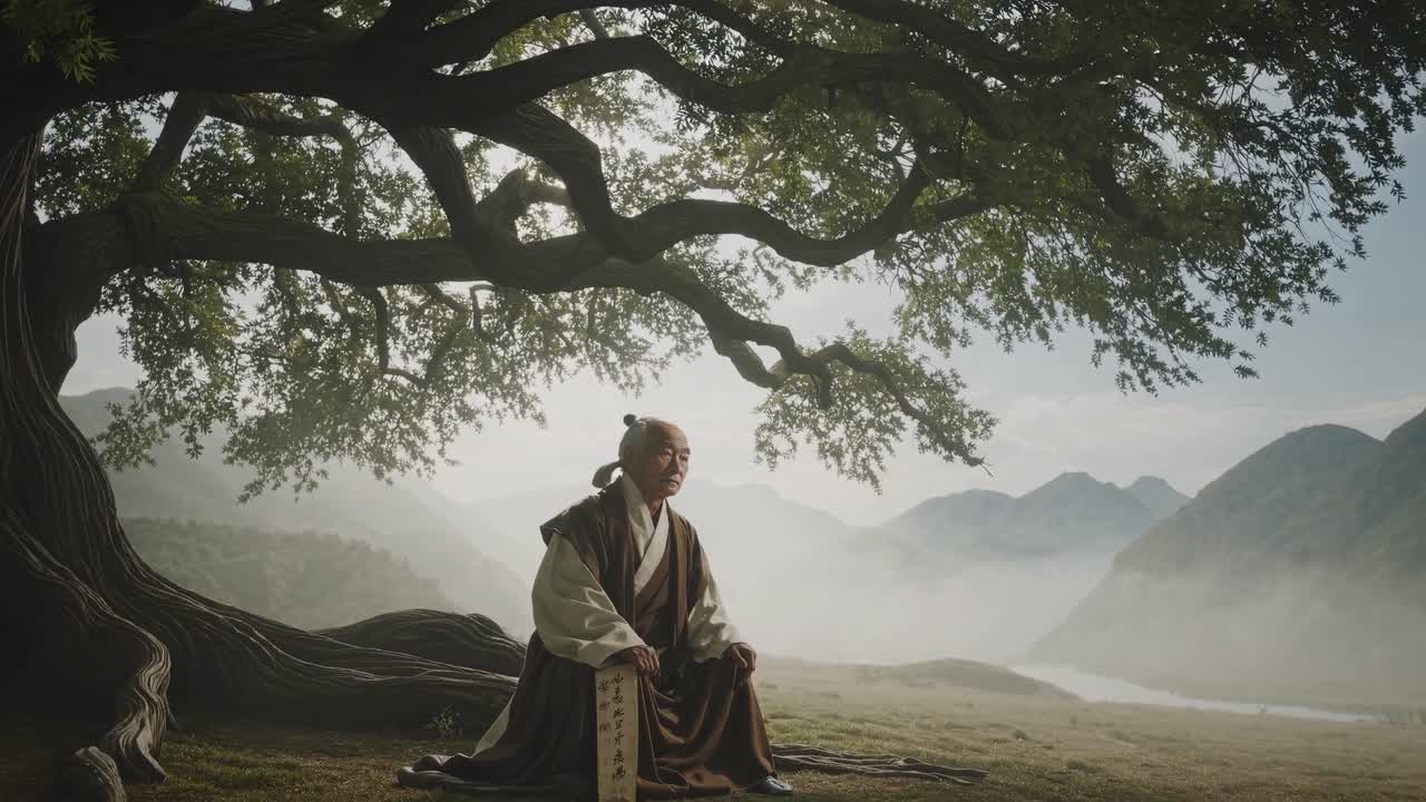 A serene landscape video captures a monk meditating under a sprawling tree