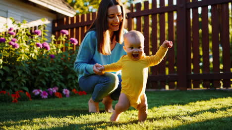 mother and baby learning to walk in garden