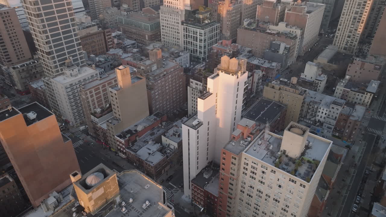 Aerial view of rooftops in New York City. Shot at sunrise in New York City.