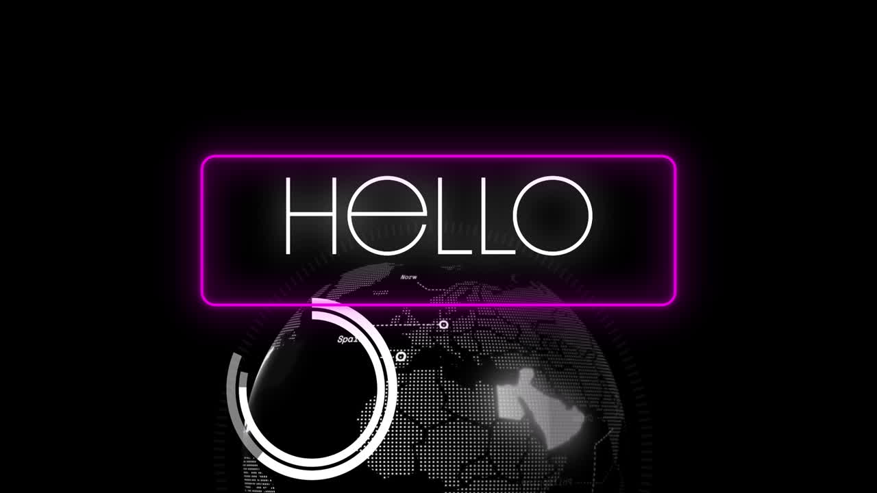 Animation of hello text over globe on dark background