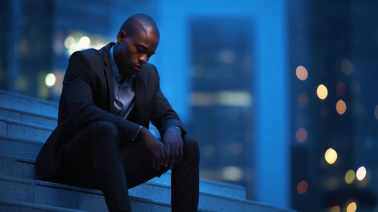 A contemplative moment captured in twilight, showcasing a man's deep reflection while seated on stairs, surrounded by the urban glow of city lights at dusk.