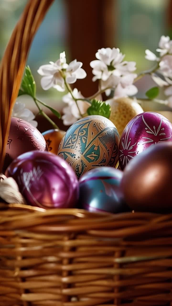 Beautifully decorated Easter eggs in a wicker basket surrounded by delicate flowers, capturing the essence of spring and festive celebrations
