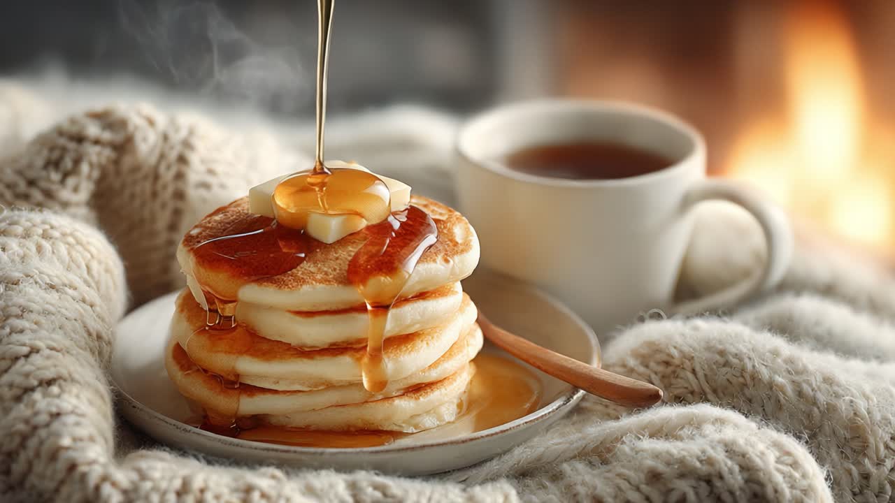 Delicious Stack of Pancakes with Melting Butter and Golden Syrup Next to a Warm Cup of Tea, Perfect for a Cozy Breakfast by the Fire