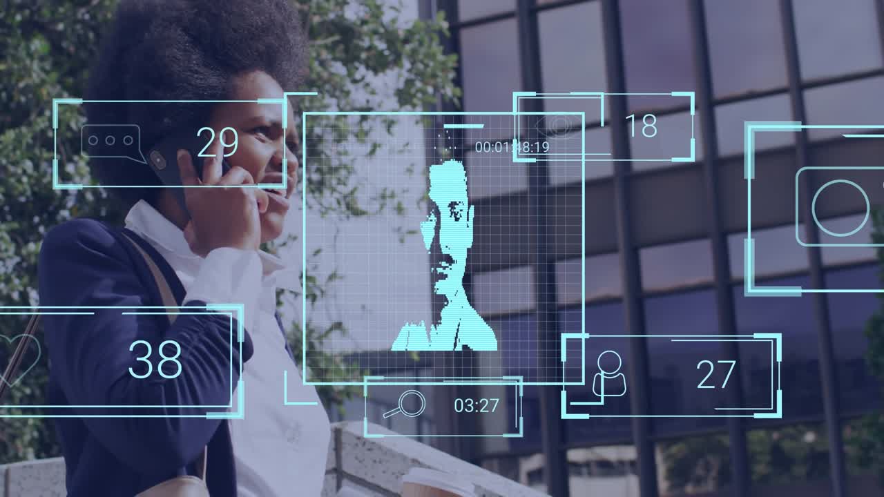 Animation of social media photos and reactions over african american woman using smartphone