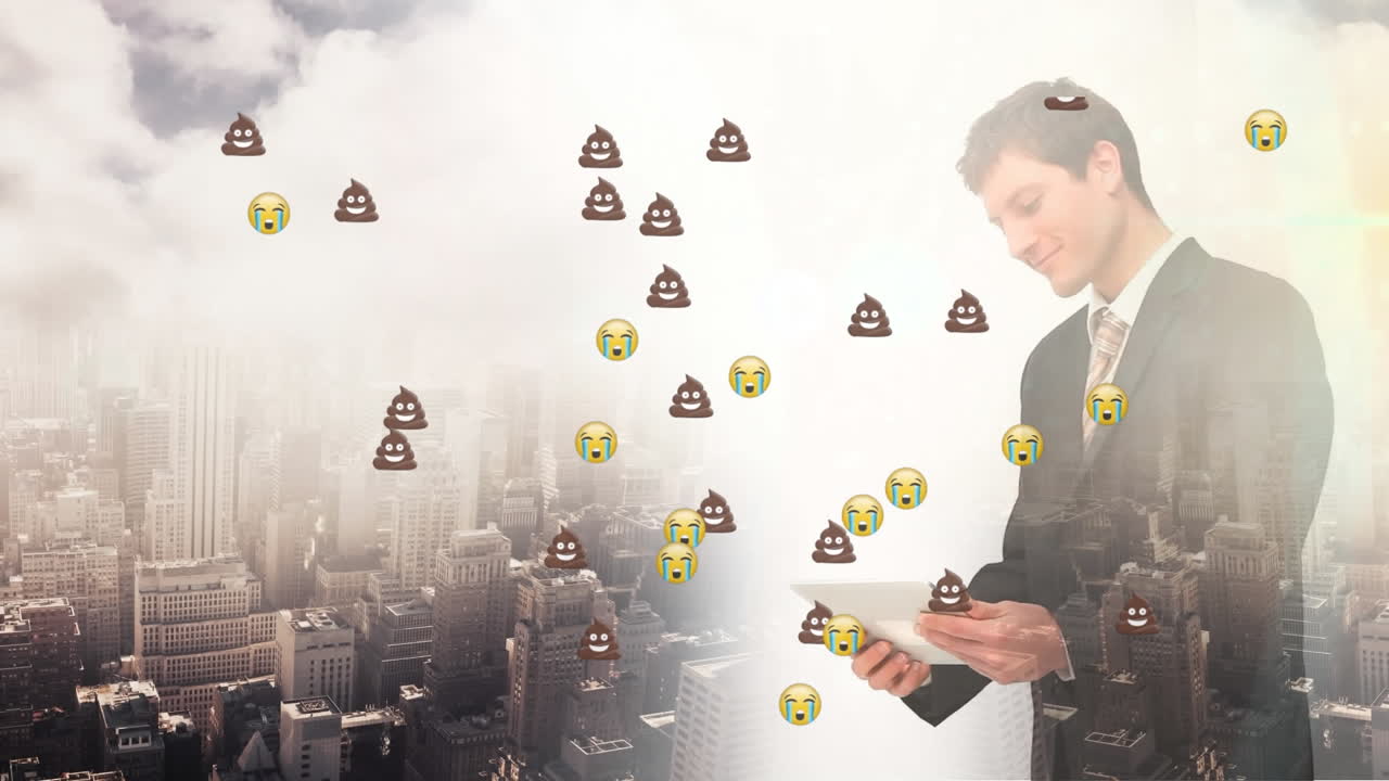 태블릿을 사용하는 백인 사업가에 대한 이모지 아이콘의 애니메이션