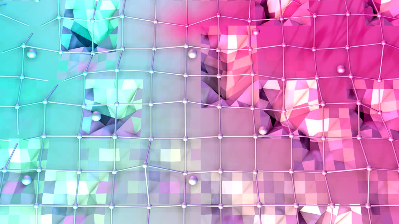 플라잉 그리드 (flying grid) 또는 메쉬 (mesh) 와 움직이는 구 (spheres) 를 가진 낮은 폴리 3d 표면: 순수한 파란색, 분홍색, 빨간색 다각형의 부드러운 기하학적 낮은 폴리포 배경.