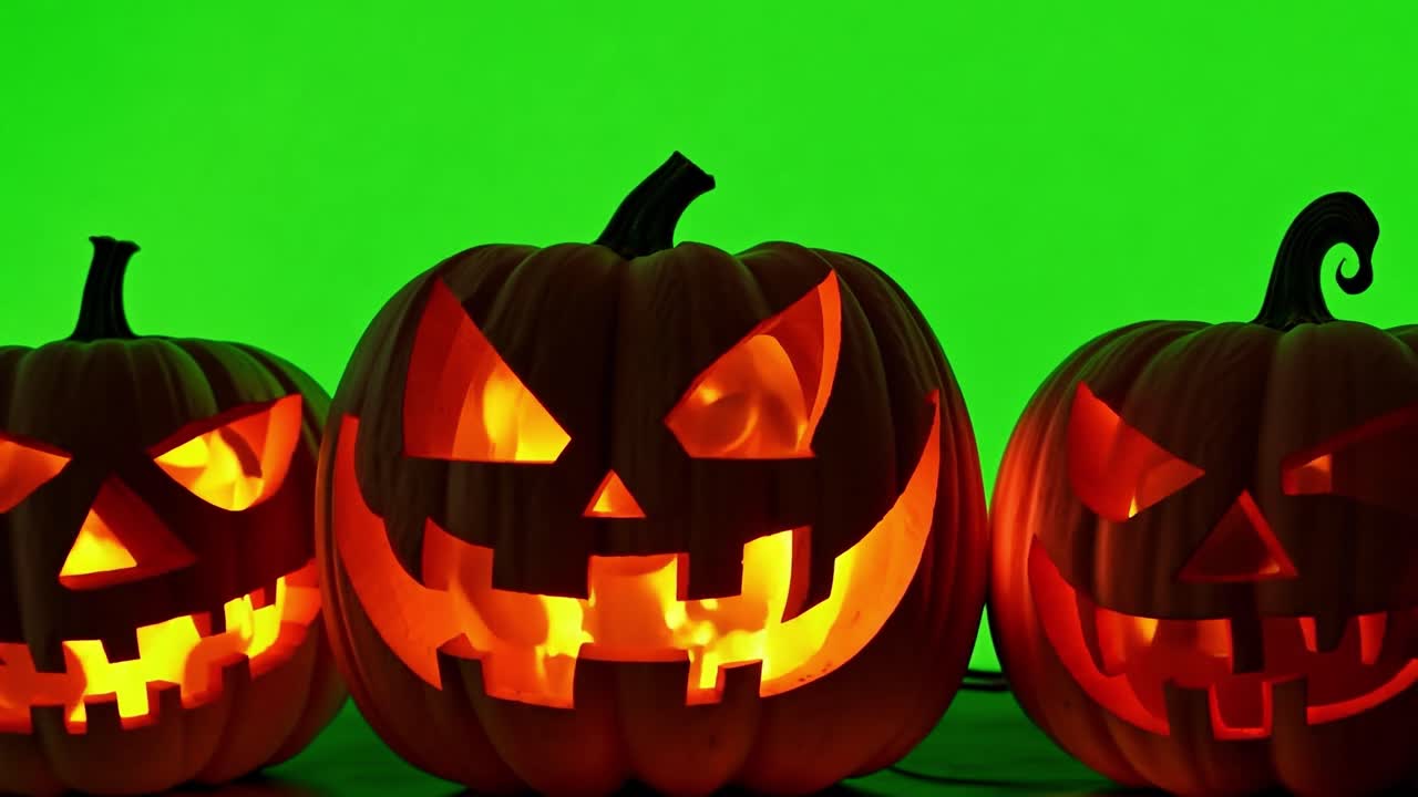 tres calabazas de linterna encendidas en la pantalla verde