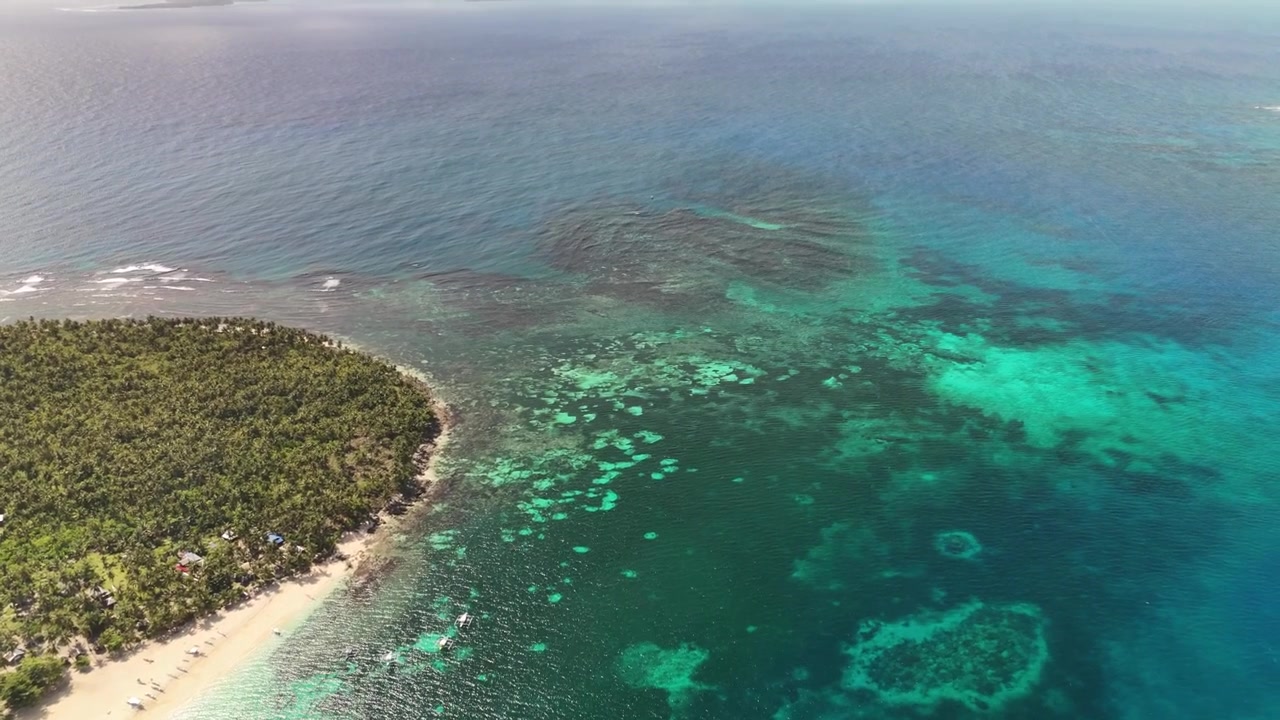 Splendida ripresa aerea con drone dall'alto su un vasto sistema di barriera corallina turchese e poco profondo lungo una costa di spiaggia di un'isola tropicale lussureggiante e alberata nelle Filippine sotto un cielo soleggiato.