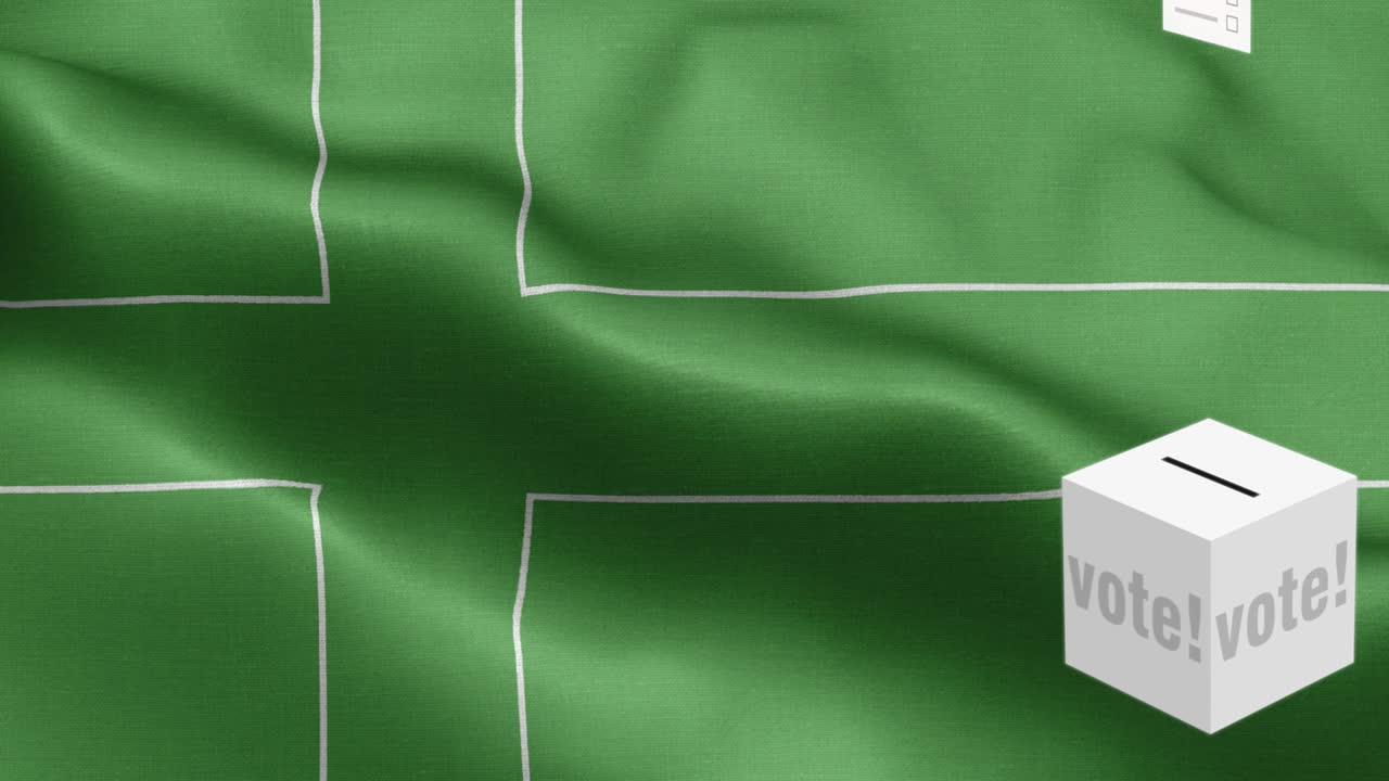 las papeletas de votación vuelan a la caja para la selección de ladonia - caja de votación frente a la bandera - elección - voto - bandera de ladonia (bandera de ladonia) alto detalle - bandera nacional patrón de ondas de ladonia elementos loopables - textura de tela y bucle sin fin