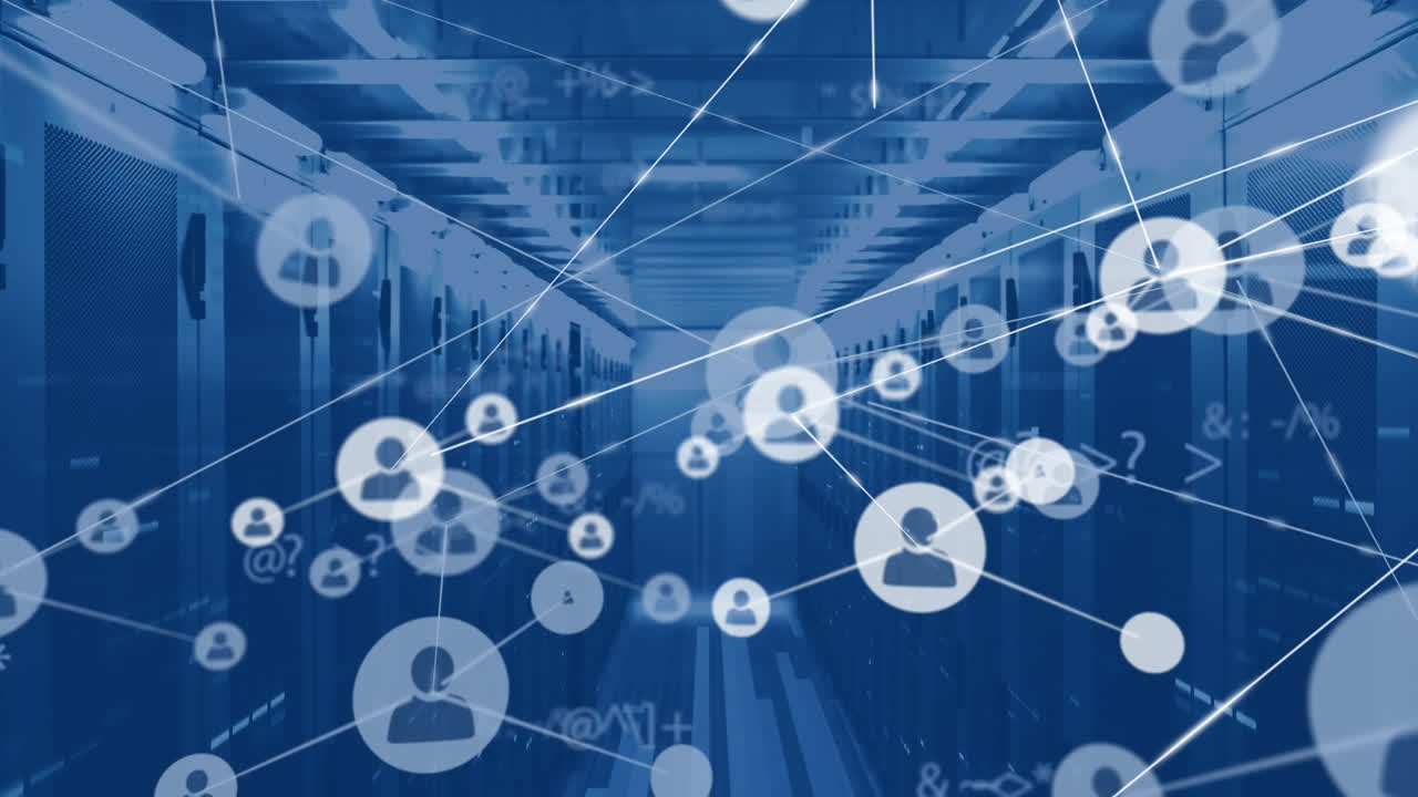 컴퓨터 서버를 통해 디지털 아이콘과 숫자를 가진 연결 네트워크의 애니메이션