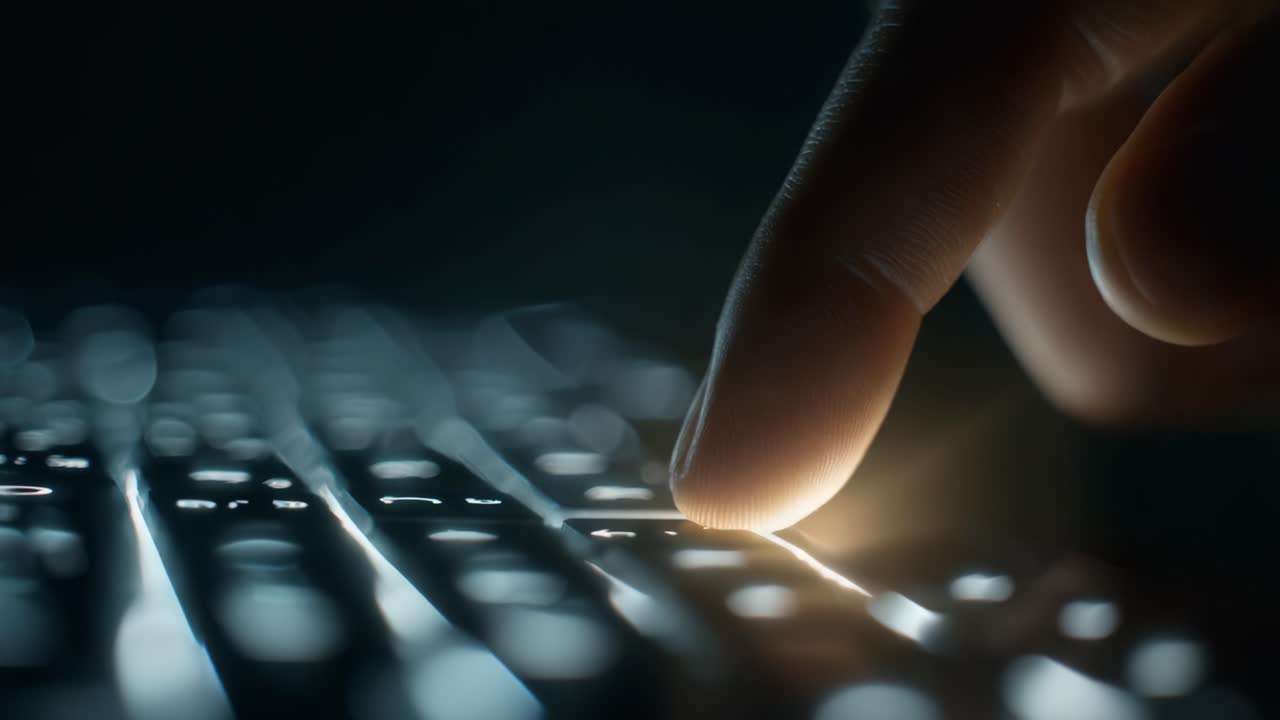 A Close-Up Exploration of a Finger Tapping a Glistening Keyboard, Illuminated in Soft Light, Capturing the Intricate Details and Textures of Nighttime Typing