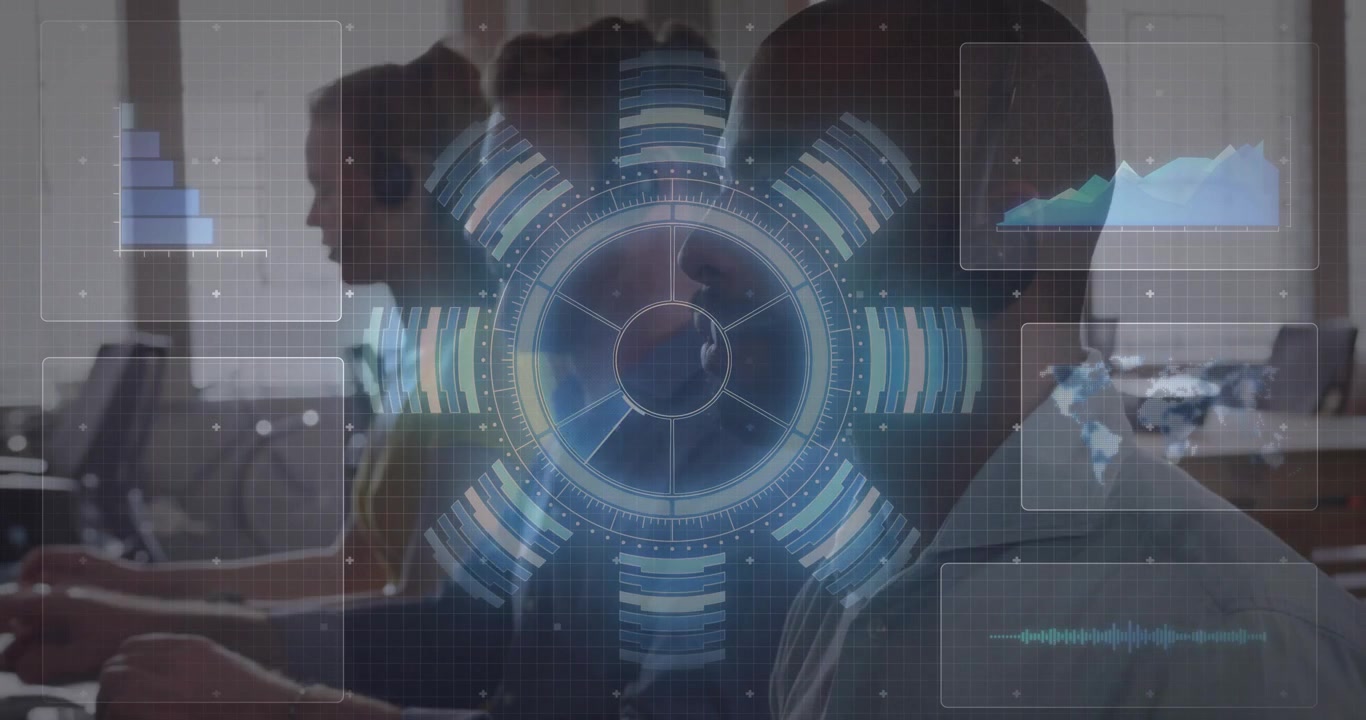 Tech support agents monitoring screens initiating HUD overlay during calls updating data windows