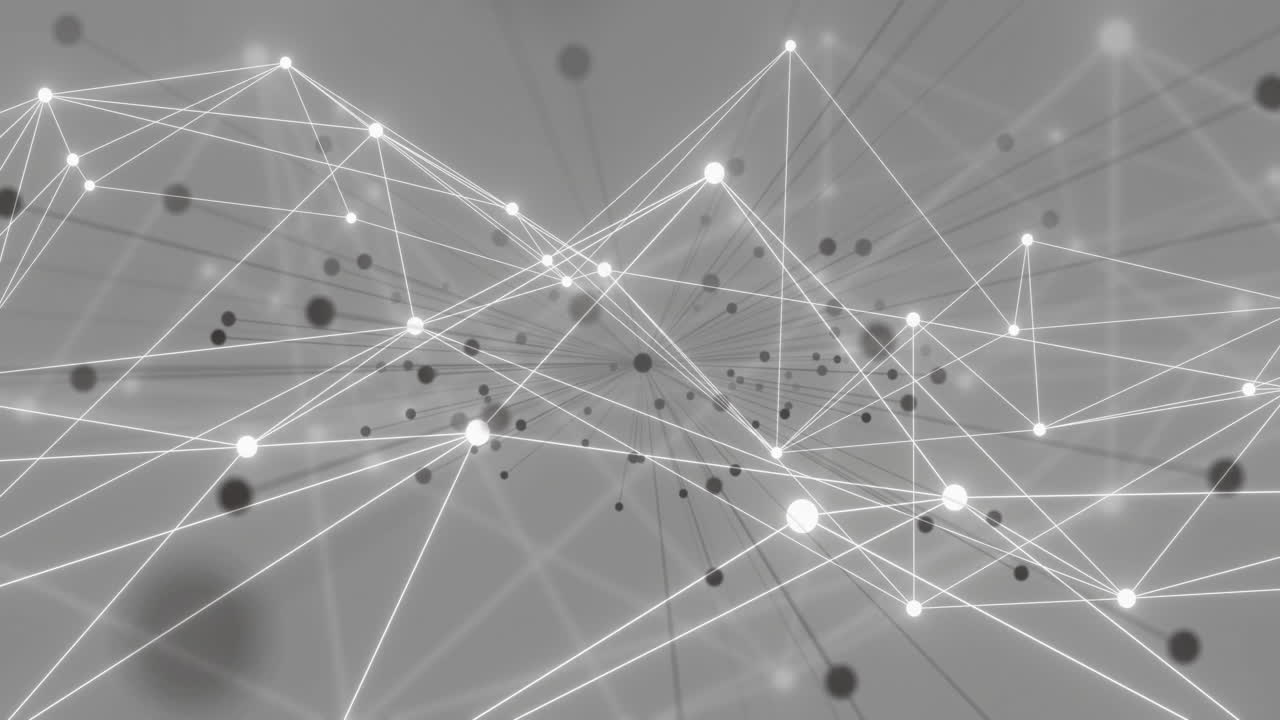 Animation of white and black communication networks moving on grey background