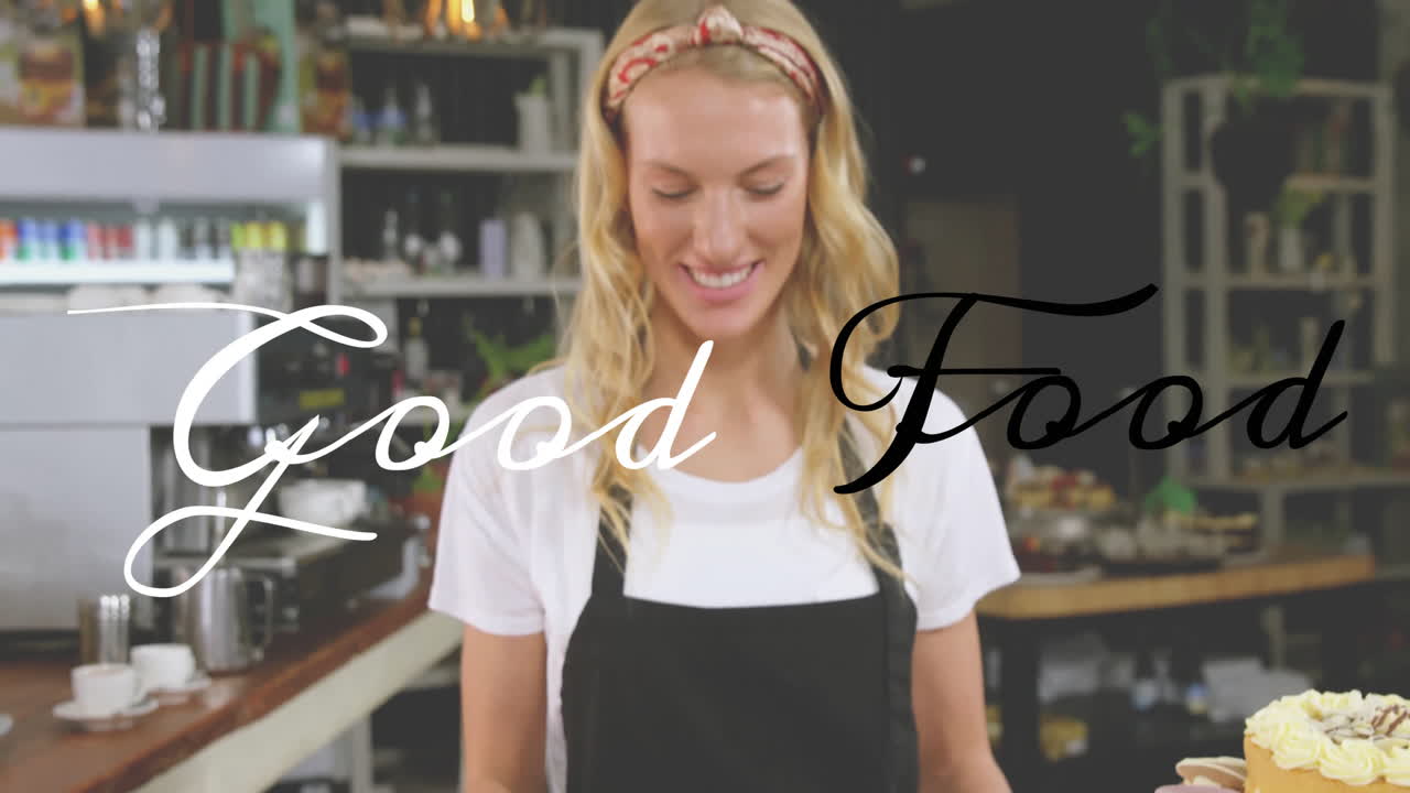 Smiling woman in apron with Good Food text animation over cafe background