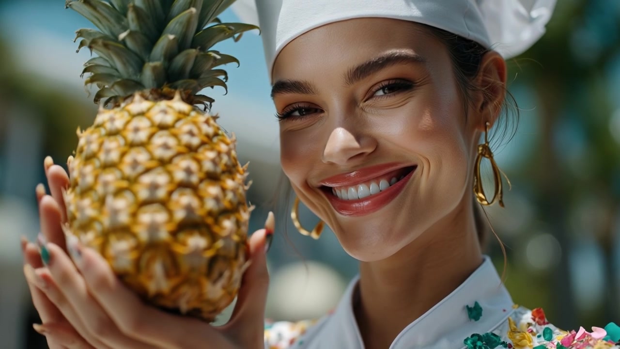 Smiling female chef holding a fresh pineapple outdoors with confetti falling around her.