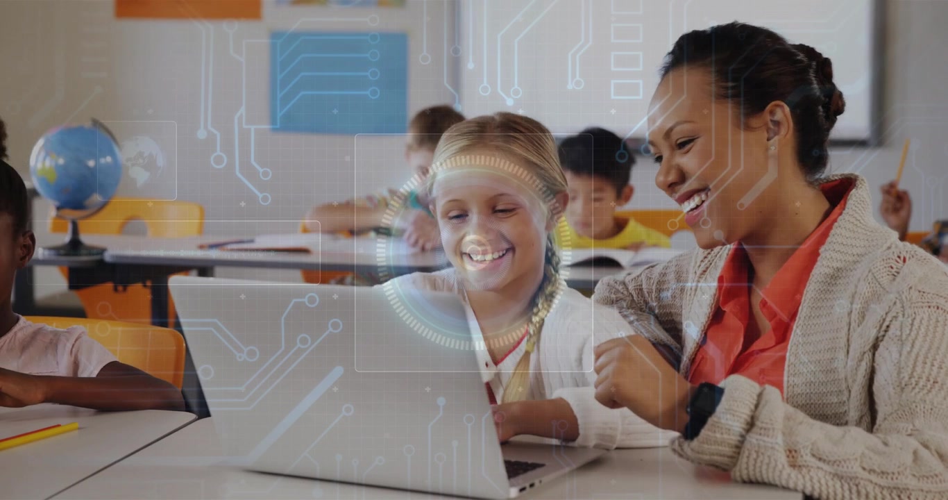 Teacher pointing, guiding pupil at laptop, educating, circuit overlay growing over laptop and face