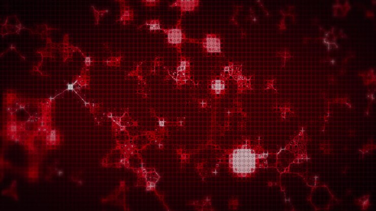 Animation of multiple 3d glowing pixelated red molecules