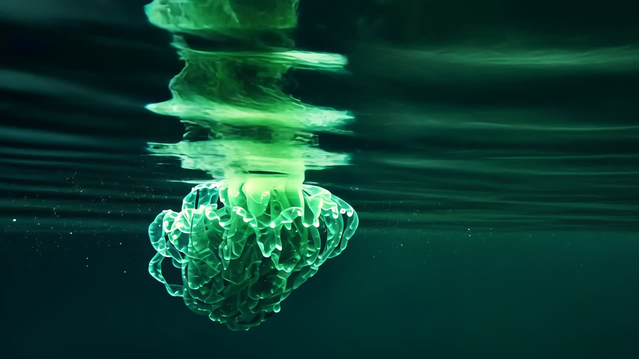 Rippling surface urging neon green frilled mass sending twisting plume underwater shedding bubbles