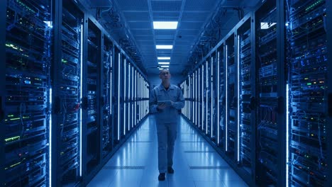 a dedicated technician works amidst rows of server racks in a dimly lit data center, highlighting the importance of technology in modern infrastructure and connectivity