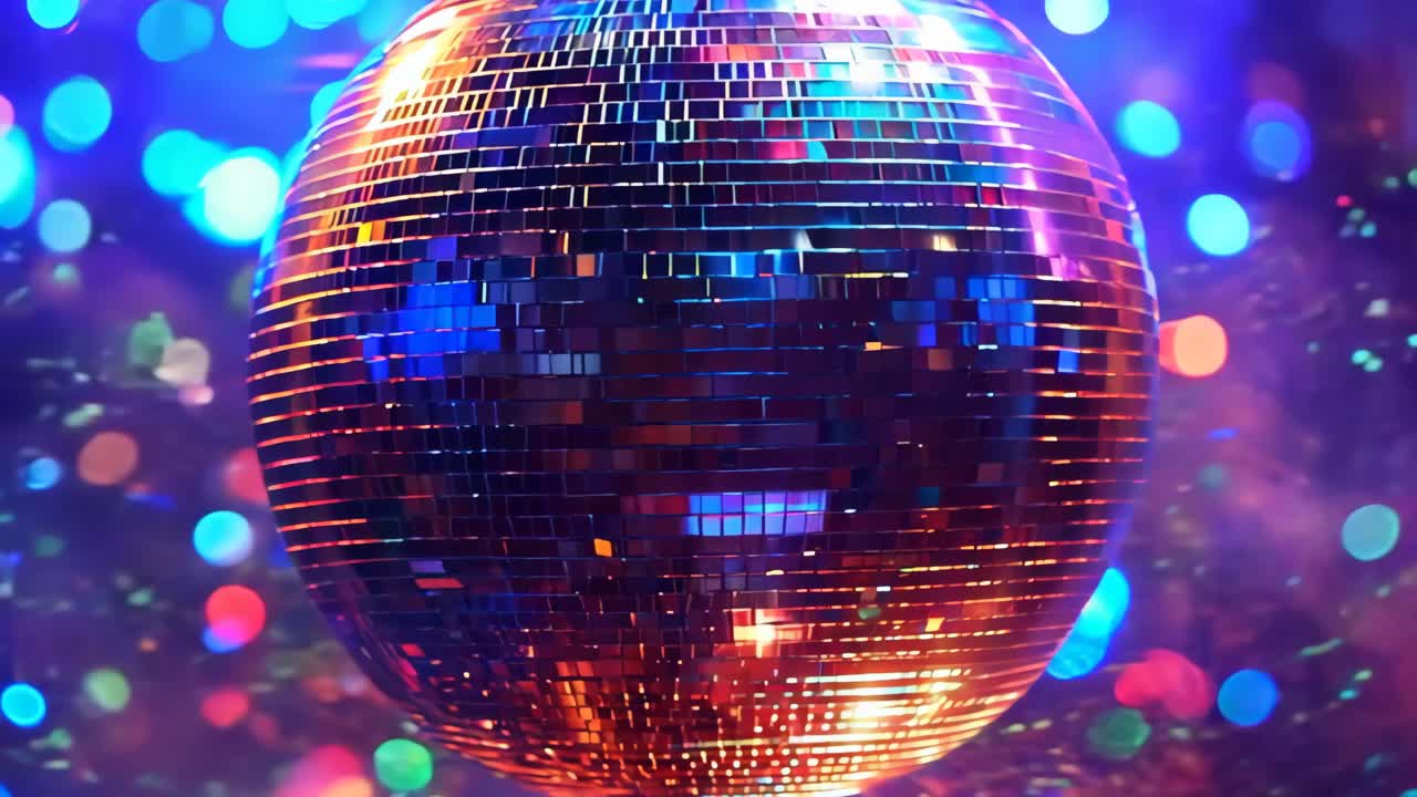 A disco ball with a red and blue color scheme. The ball is surrounded by a blurry background with a purple hue