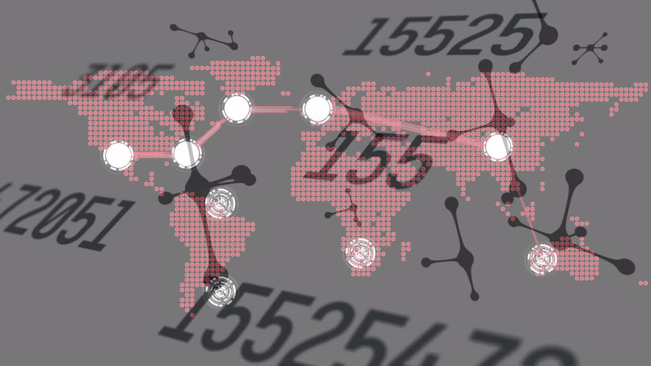 세계 지도를 가로지르는 연결 네트워크의 애니메이션