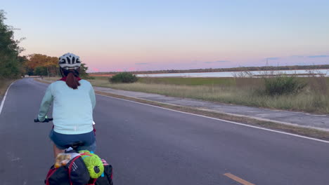 a dynamic footage of a commuting woman at dawn while riding her bike with panniers and groceries at the rear