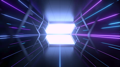 going forward in dark spaceship tunnel with glowing lines, 3d rendering.