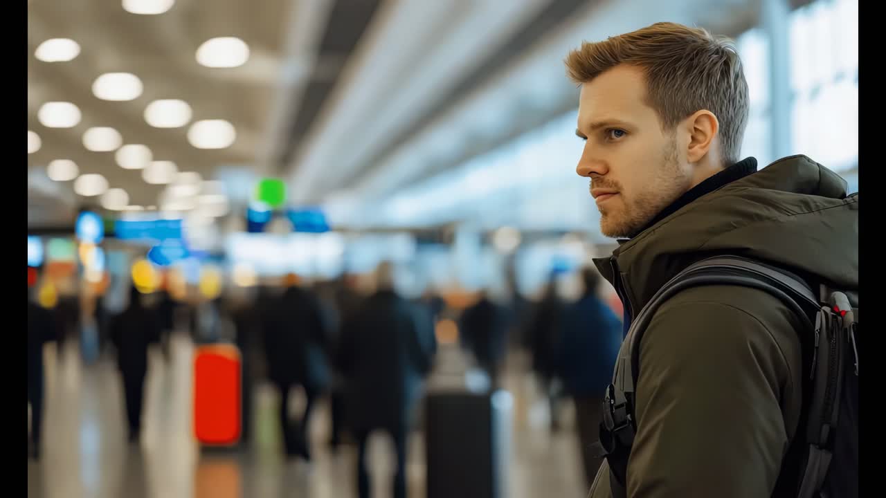 Young male traveler wearing winter jacket and backpack in airport
