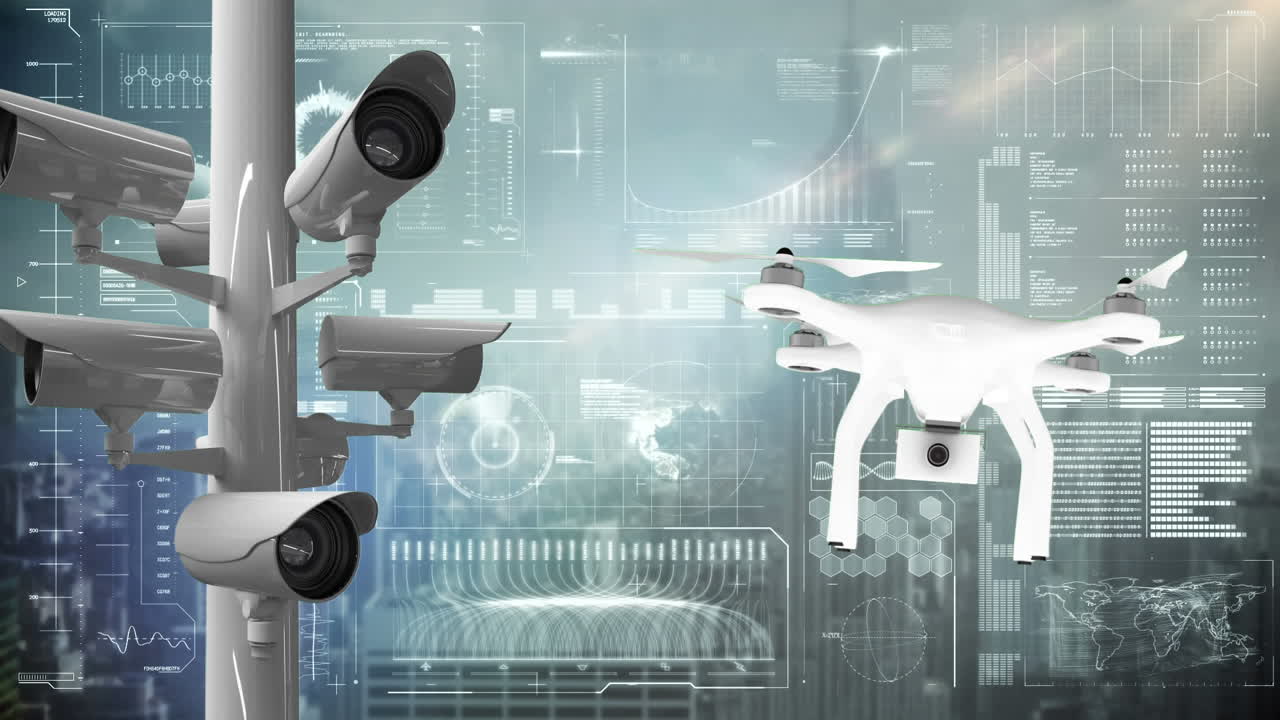 Animazione di telecamere che riprendono un paesaggio urbano e visualizzazione di statistiche in sottofondo