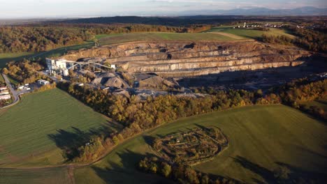 aerial view of stone quarry site in autumn in bohucovice, czech republic