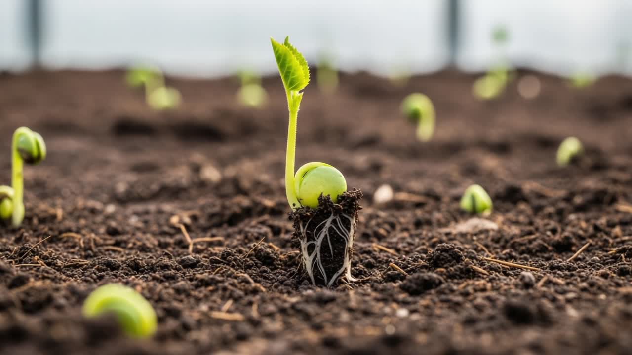 Growth and Development of Young Sprouts: A Close-Up View of Seedlings Emerging from Rich Soil in a Greenhouse Environment